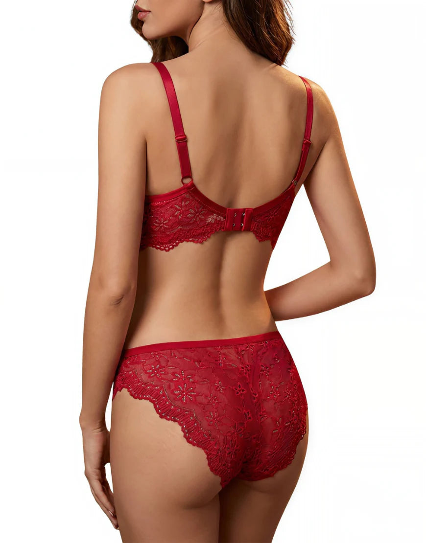 LIGHTLY PADDED WIRED BRA SET WITH TOUCH OF LACE-RED
