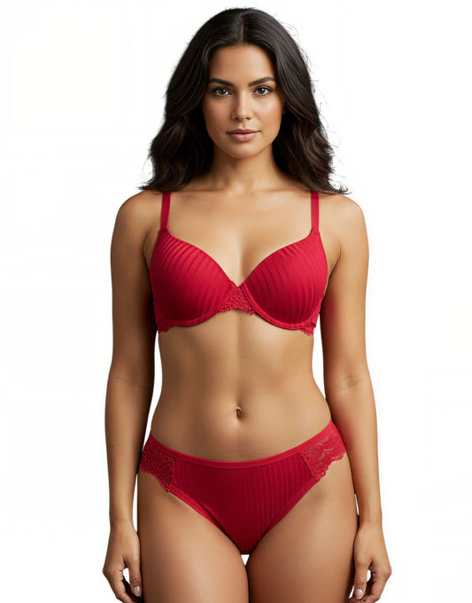 LIGHTLY PADDED WIRED BRA SET WITH TOUCH OF LACE-RED