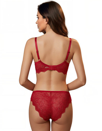 LIGHTLY PADDED WIRED BRA SET WITH TOUCH OF LACE-RED