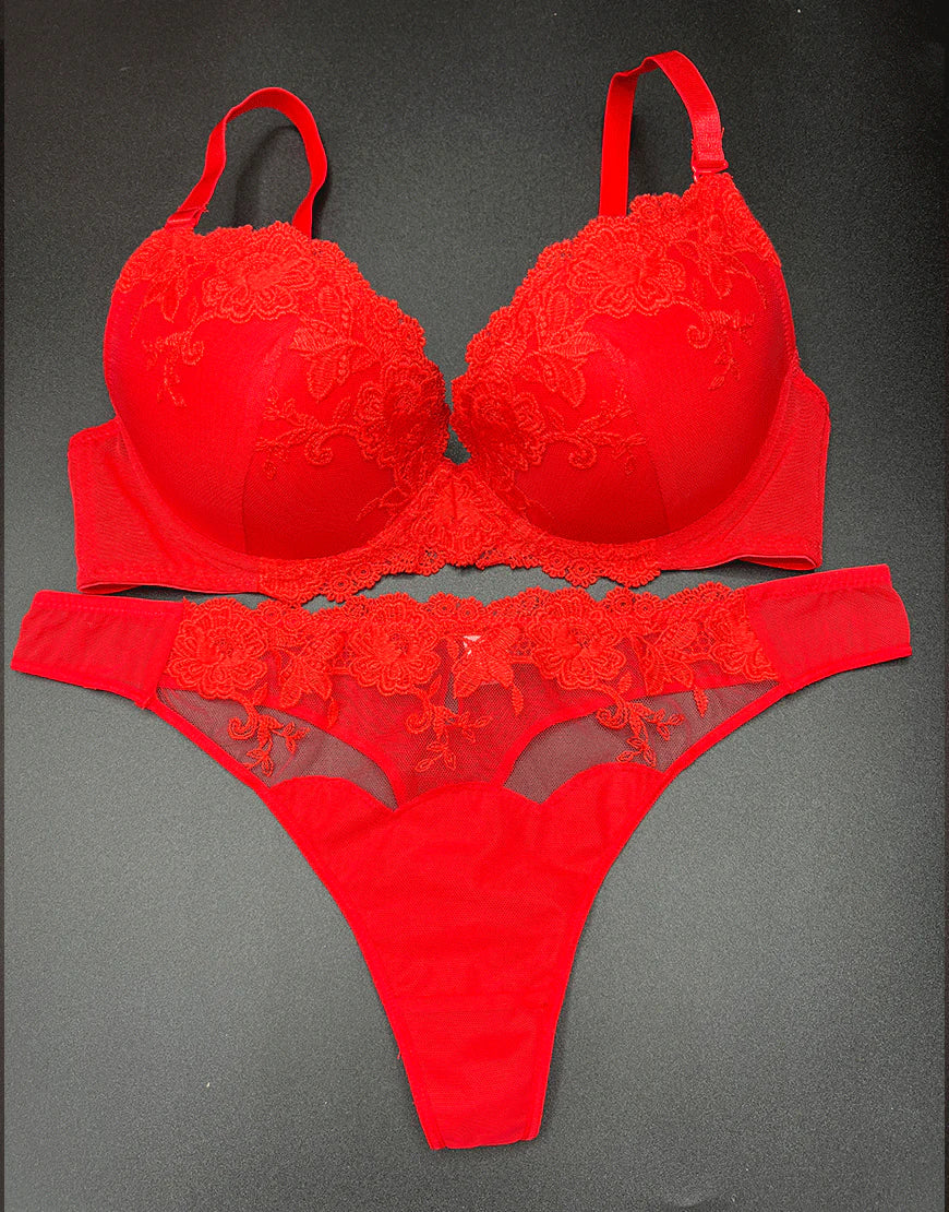 PADDED WIRED FANCY BRA WITH MATCHING PANTY-RED