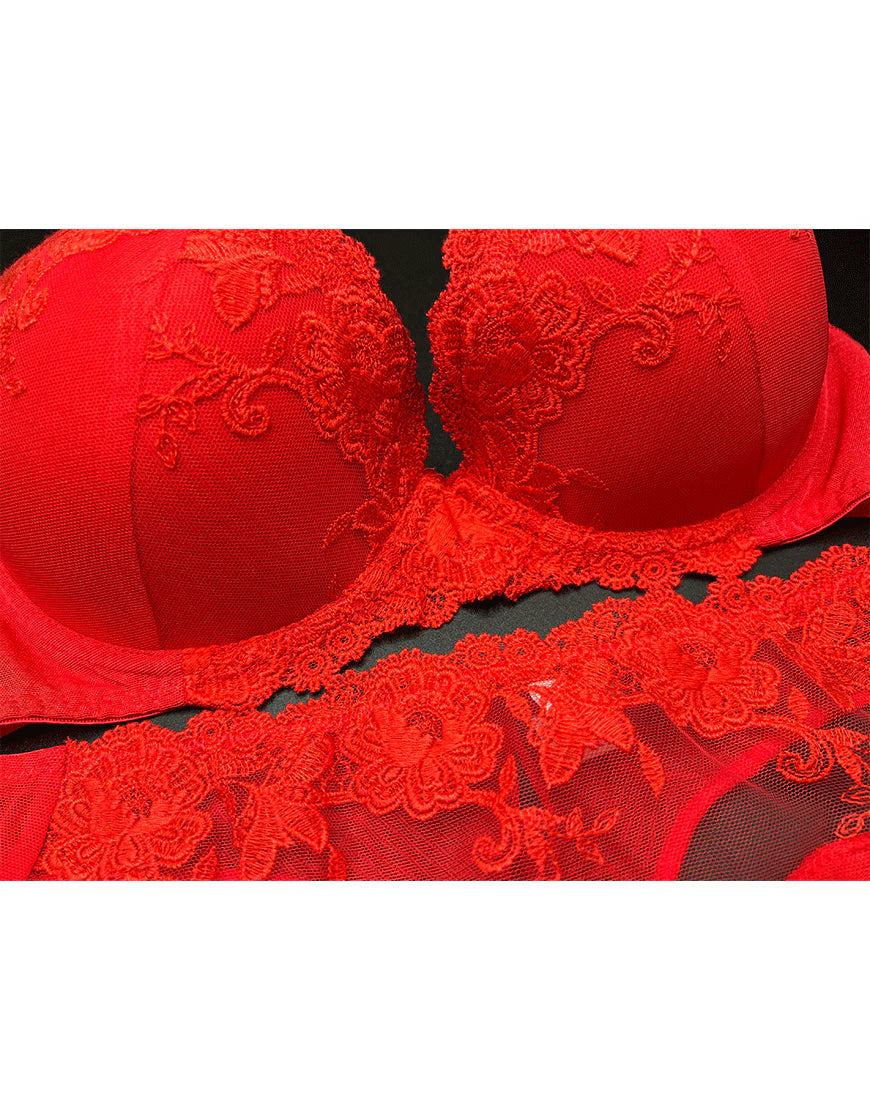 PADDED WIRED FANCY BRA WITH MATCHING PANTY-RED