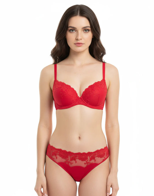 PADDED WIRED FANCY BRA WITH MATCHING PANTY-RED